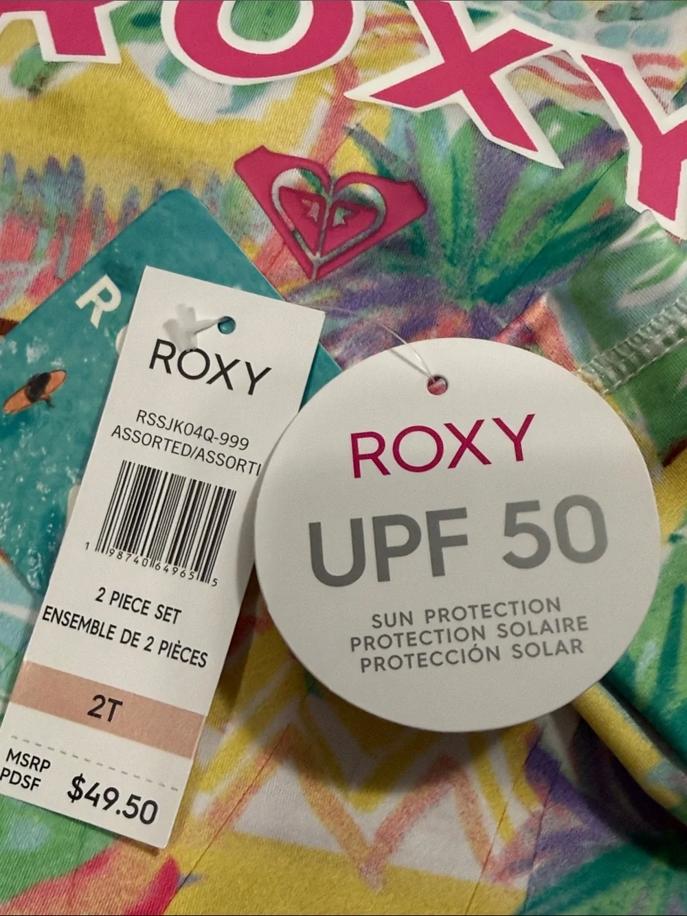 ROXY size 2T 2 piece set long sleeve swim top and bottoms floral tropical new